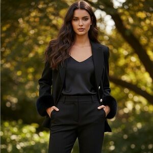 Oleg Cassini Wool‎ Shell Blazer Suit Jacket Size 38 Black Faux Fur Cuffs Vintage